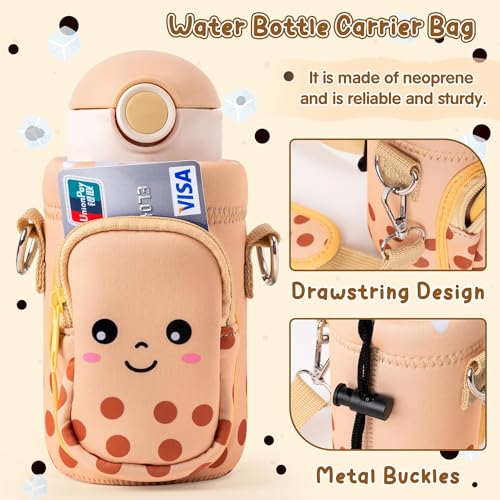 Water Bottle Carrier Bag with Strap for Kids - Water Bottle Bag Holder with Padded Strap Pocket 10/12/14/16/18Oz for Boys Girls School Walking Hiking Camping - style: Bubble Tea