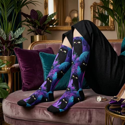 Cute Compression Socks Knee High Support Stockings Women Men - color: Black Cats Purple