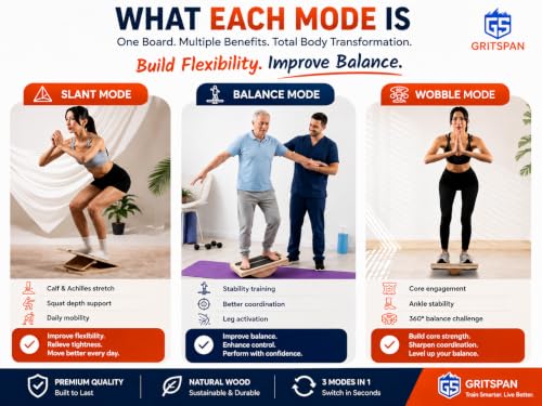 Slant Boards for Exercise, 3-in-1 Wooden Calf Stretcher, Rocker Balance Board and 360° Wobble Board, 5 Adjustable Angles, Anti-Slip Surface, Training Poster Included - size: Standard