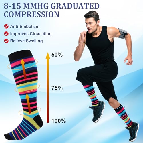 Shyyween 12 Pairs Men Knee High Compression Socks - size: Large, style: Colorful Stripes