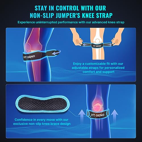 Fit Geno Knee Strap Patella Tendon Support: Patellar Stabilizing & Pain Relief for Man and Women - Knee brace for Runner's & Jumper's, Tendonitis, Running, Volleyball, Basketball (2-Pack) - color: Blue