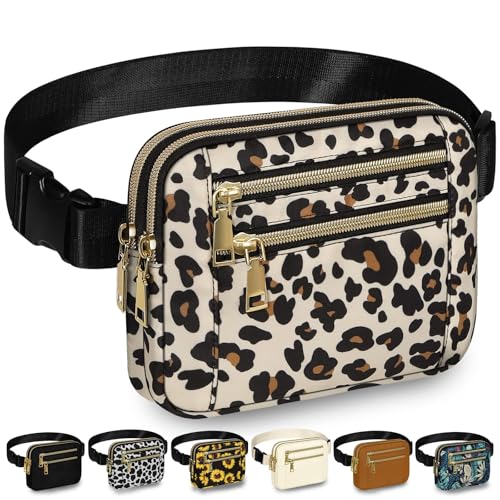 Capolo Fanny Packs for Women 4 Zip Pocket Crossbody Belt Bag Waist Bags - color: Leopard, size: Large