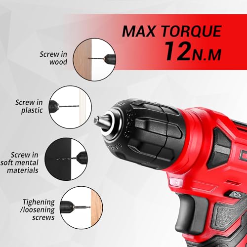 DEKOPRO Drill Set: 8V Cordless Drill, Home Tool Kit with 126 Piece Set - color: Red