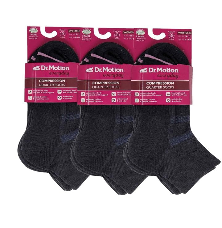 Dr. Motion Compression Quarter Socks For Women With Enhanced Cushion And Breathable Arch Support 6 Pairs - color: Black
