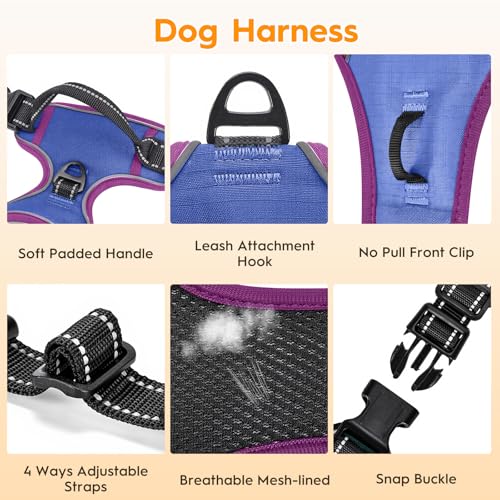No Pull Dog Harness, No-Choke Soft Padded Reflective Dog Vest Harness with Front Clip & Top Handle, 2 Quick-Release Buckles, Adjustable for Small Medium Large Dogs - color: Blue/Purple, size: X-Small
