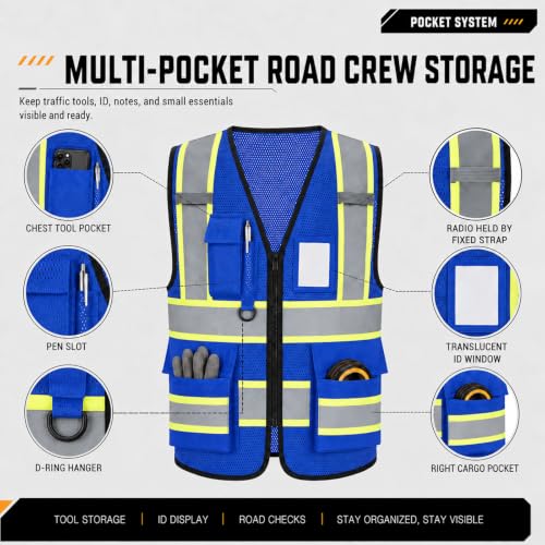 A-SAFETY Mesh High Vis Vest, Reflective Construction Vest with Pockets - color: Blue, size: Small