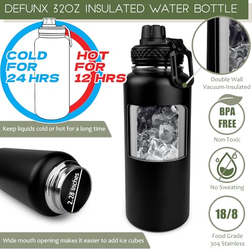 DEFUNX 32 Oz Water Bottle with Sleeve - Insulated Bottle with Strap Stainless Steel Gym Water Bottles for Men Sports Workout Hiking All Black - color: Black Bottle with All Black Sleeve, style: 32 Oz Water Bottle