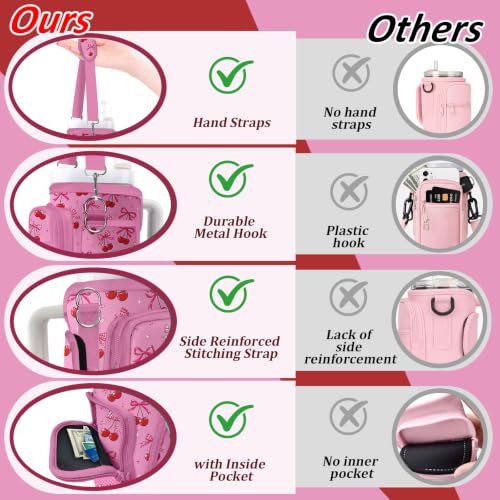 Water Bottle Carrier Bag for Stanley 40/30oz Cup Tumbler with Phone Pocket,Insulated Crossbody Water Bottle Holder with Adjustable Strap,Water Bottle Sling Pouch for Hiking Walking Camping Accessories - color: Pink Cherry Bow