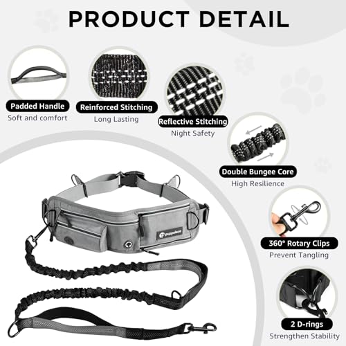 Hands Free Dog Leash with Waist Pack Bungee for Running Gray - color: Gray