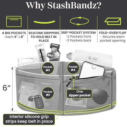 StashBandz Running Belt, Money Belt, 4-Pocket Phone Holder with Zipper - color: Black, size: Medium