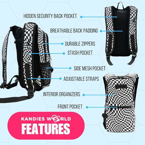Kandies World Reflective Festival Hydration Pack - 2L Hydropack for Raves, Hiking, Biking, Running, and More (with Anti-Theft Pocket) - style: Checkered