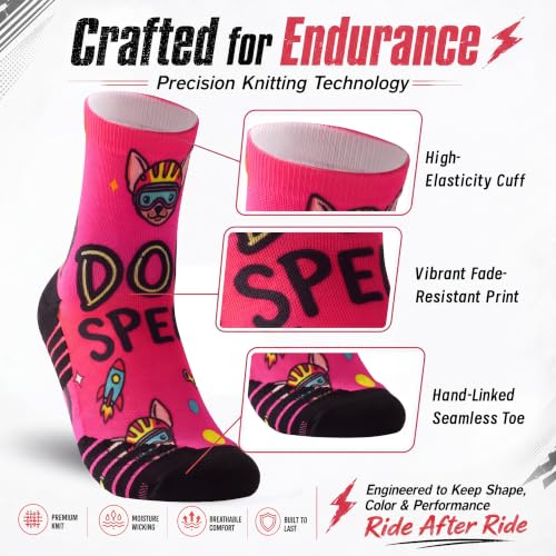 NIcool Cycling Socks For Men, 1/3 Pairs Bright Seamless Compression Running Crew Socks Youth Cushioned Tennis Quarter Socks - color: 1 Pair Hot Pink/Bike Print