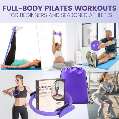 Pilates Kit for Women 13PCS, Pilates Ring Ball Resistance Bands Workout Set - color: Purple