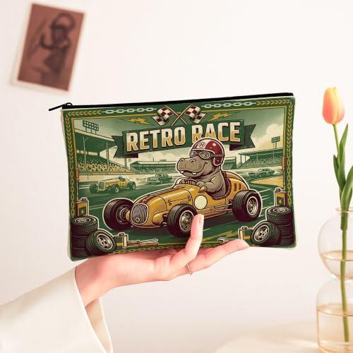 Retro Race Cosmetic Bag, Hippo Racing Pattern Travel Pouch for Men, Portable Small Canvas Zipper Organizer, Everyday Skincare Toiletry Bag 7x9 Inch