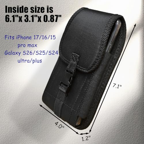 Heavy Duty Phone Holster for Men, Belt Clip Tactical Phone Holder, Nylon Cell Phone Pouch with Buckle and Hook/Loop Closure, Universal Fit for iPhone 17 16 15 14 Pro Max Plus, Galaxy S26 S25 Ultra - color: Black-Vertical