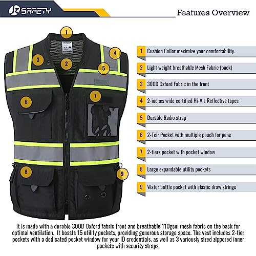 JKSafety Hi-Vis Unisex Surveyor Safety Vest Heavy Duty PPE Inner Pockets ANSI/ISEA Compliant - color: 188-black, size: 4X-Large