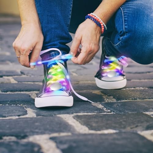 M.best 2 Pairs LED Light Up White Shoelaces, Glow in The Dark 3 Modes Colorful Flashing Sneakers Shoelaces for Night Safety, Running
