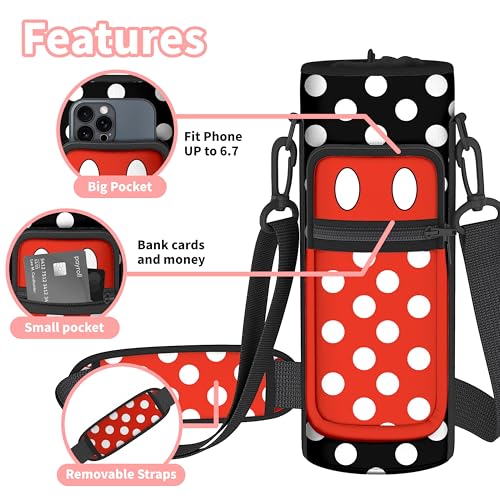 Water Bottle Holder with Strap, 18-32oz Water Bottle Carrier Sling Bag - color: Black Polka Dots