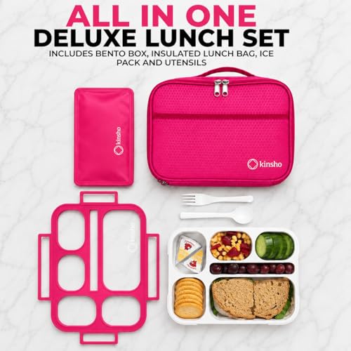 kinsho Bento Lunch Box, Ice Pack Insulated Bag for Girls, Kids, Teens, Pink - color: Pink
