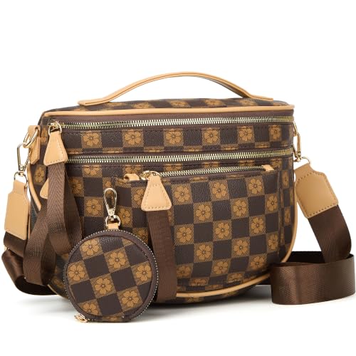 Makes Checkered Crossbody Bag Bum Bag for Women with Pouch - color: Coffee Checkered