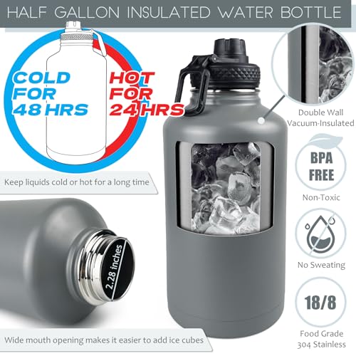 DEFUNX 64 Oz Water Bottle with Sleeve - Half Gallon Insulated Water Jug with Handle - Stainless Steel Sports Bottle for Gym Workout Hiking Glacier Grey - color: Grey Bottle with Glacier Grey Sleeve, style: 64 Oz Water Bottle