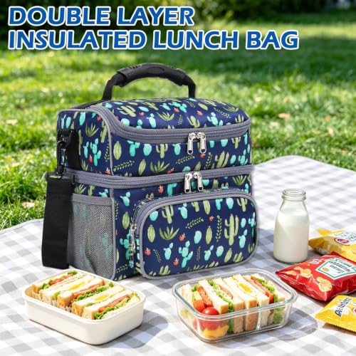 FlowFly Double Layer Cooler Insulated Lunch Bag Adult Lunch Box Large Tote Bag for Men, Women, With Adjustable Strap,Front Pocket and Dual Large Mesh Side Pockets - color: Cactus
