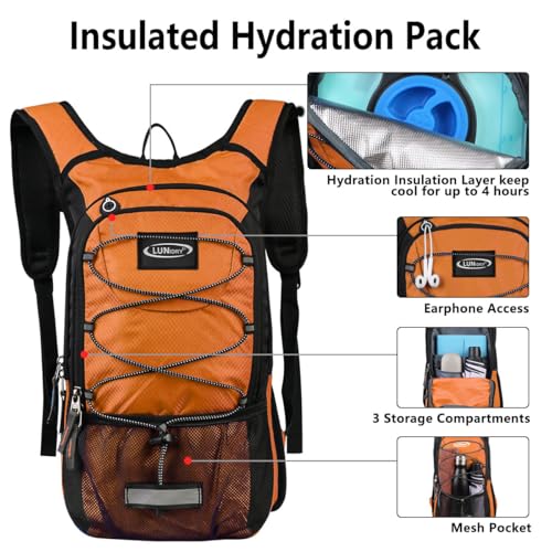 Hydration Backpack with 3L Water Bladder, Small Hydration Pack Backpack for Men Women, Lightweight Water Backpack with Cooler Layer for Running, Biking, Hiking - color: Orange