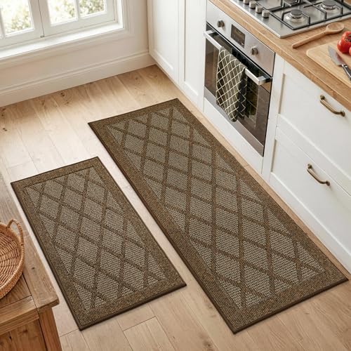 COSY HOMEER Kitchen Rugs, 2 PCS Kitchen Mats Non Slip Washable,Brown - color: Brown, size: 20"x32" + 20"x48"