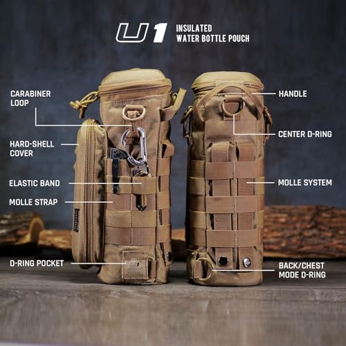 GOVO U1 Water Bottle Pouch with Zippered Hardshell Cap, Fits Up to 40oz Bottle, Molle System, Heavy Duty, Made With 100% Nylon - color: Tan