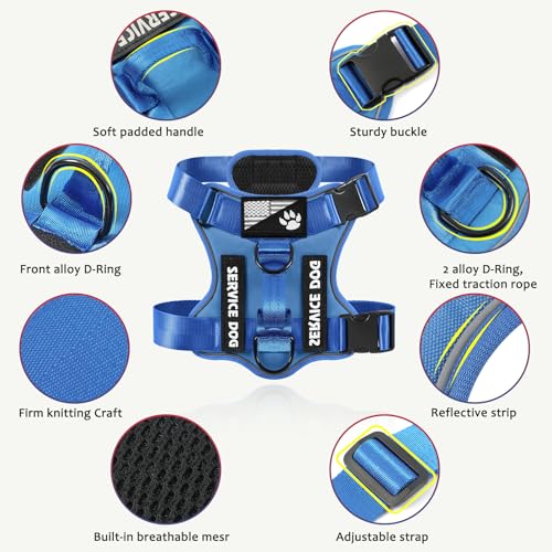 Service Dog Harness, Reflective Dog Vest Harness with 5 PCS Patches, Adjustable Soft Oxford Pet Harness, Inner Layer Mesh, Easy to Control - color: ALL Blue, size: Large (Pack of 1)