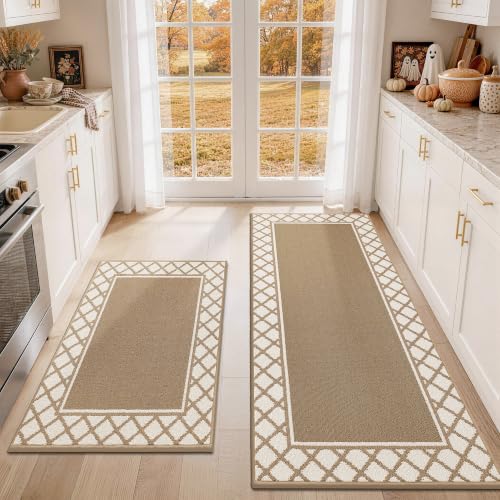 COSY HOMEER Washable Kitchen Rugs Sets of 2 Non-Slip Kitchen Mats,Beige - color: Beige, size: 24"x35" + 24"x60"