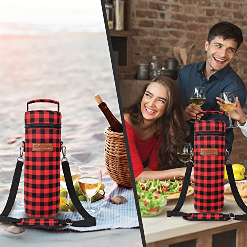opux Single Bottle Wine Bag Carrier, Insulated Cooler Tote, Plaid Red Black - color: Buffalo Plaid Red