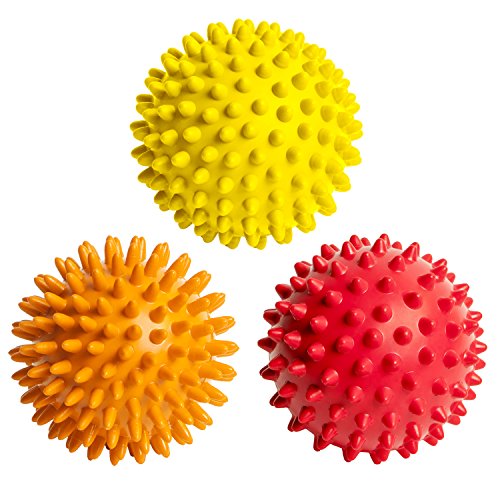 Spiky Massage Balls for Feet, Back, Hands, Muscles - Firm, Medium and Soft Spiked Massager Rollers for Plantar Fasciitis, Exercise, Neuro-Balance, Physical Therapy, 3-inch