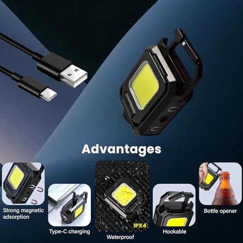 MAKDAK 2PC Cob Keychain Work Light EDC Rechargeable Foldable Keychain Flashlight,Bottle Opener,for Camping,Car Repair,Hiking,Repairing,Power Outrage,Pet Walking,Emergency - color: Black-2PC