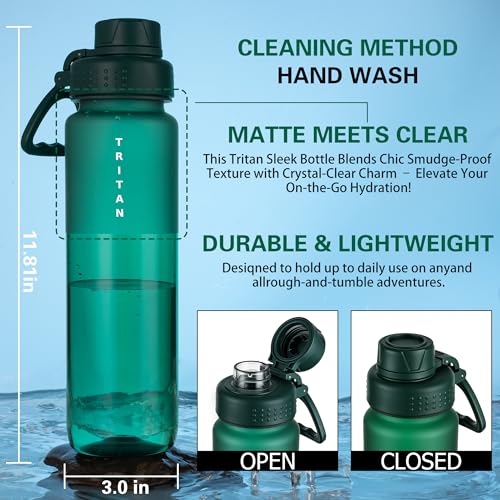OLDLEY 32oz Water Bottle with Handle, BPA-Free Tritan Reusable Sports Water Bottle with Leak-Proof Dust Lid, Wide Mouth, Cup Holder Friendly, Half Frosted Clear Bottle for Gym,Travel, Work,Teal Green - color: Teal Green