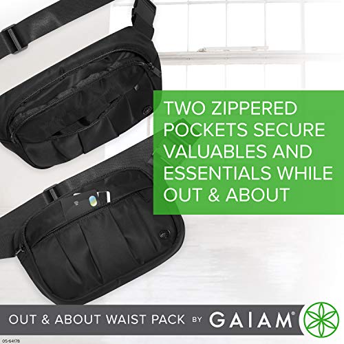Gaiam Fanny Pack Running Belt Bag - Out & About Waist Pack Cell Phone Holder Exercise Gym Slim Zipper Workout Pouch Jogging Bag, Multi Pocket, Adjustable, Walking, Runner Accessories Women