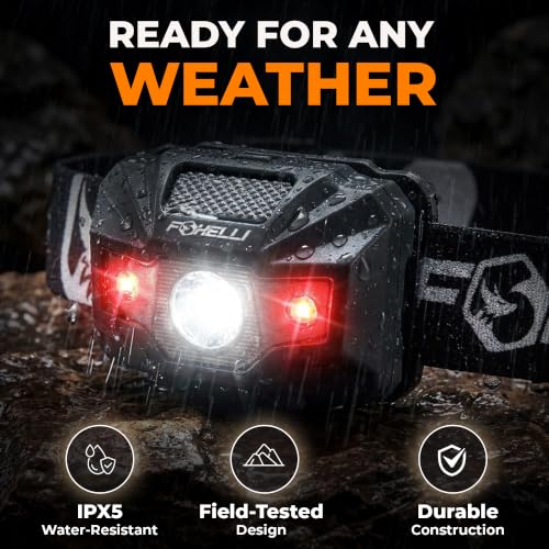 Foxelli USB‑C Rechargeable LED Headlamp – Ultra‑Light 2.4 oz & Bright 180 Lumens – Red/White Light, 5 Modes, IPX5 Waterproof, 40 h Runtime for Trail Running, Camping, Hiking - color: Black