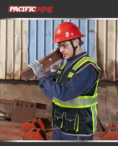 PACIFIC PPE Class 1 Safety Vest, 10 Pockets, 3M Reflective, Black, Medium - size: Medium