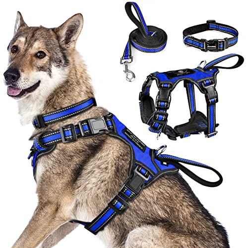WINSEE All-in-One Reflective Dog Harness, Collar & Leash Set, No Pull with Adjustable Buckles, X-Large, Dark Blue - color: Dark Blue, size: X-Large