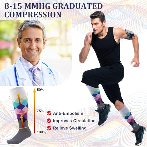Shyyween 12 Pairs Men Knee High Compression Socks - size: Large, style: Color Wave
