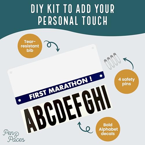 First Marathon Name Bib Kit – GET PERSONALIZED CHEERS- Race Bib with Alphabet Decals & Safety Pins – Add-Your-Name Running Accessory for First-Time Marathon Runners - Pen and Paces