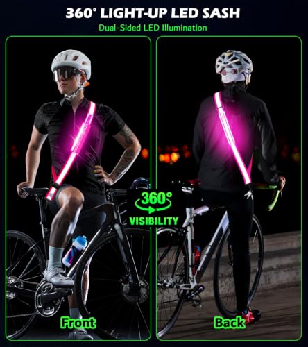 Ylzzrs LED Belt Reflective Sash for Walking at Night,High Visibility Adjustable Night Running Safety Gear,Light Up Running Belt Reflective Gear with Phone Bag/Armband for Runners Walkers Men Women - color: Pink