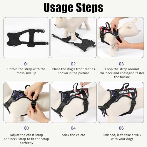 Service Dog Harness, Reflective Dog Vest Harness with 5 PCS Patches, Adjustable Soft Oxford Pet Harness, Inner Layer Mesh, Easy to Control - color: USFLAG, size: X-Large (Pack of 1)