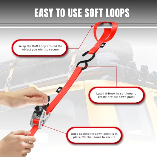 Jack Boss Ratchet Tie Down Straps Set, 1500 lbs Break Strength, 1" x 15' Heavy Duty Ratchet Straps with 4X Soft Loops Padded Handles Coated S Hook, Fits for Moving Appliances Motorcycle, Orange-Red - color: Red-4pcs