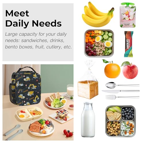 Clastyle Car Insulated Kid Lunch Bag for Boy Lunch Box, Black Truck - color: Black Construction Car