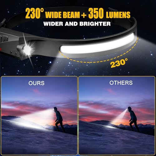 Headlamp Rechargeable 3PCS, 230° Wide Beam Head Lamp LED with Motion Sensor for Adults - Camping Accessories Gear, Waterproof Head Light Flashlight for Hiking, Running, Repairing, Fishing, Cycling - size: 3 Pack