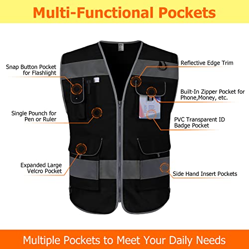 TCCFCCT Reflective Safety Vest 9 Pockets High Visibility Vest, Black XXL - color: Black Fabric-bison 001, size: XX-Large