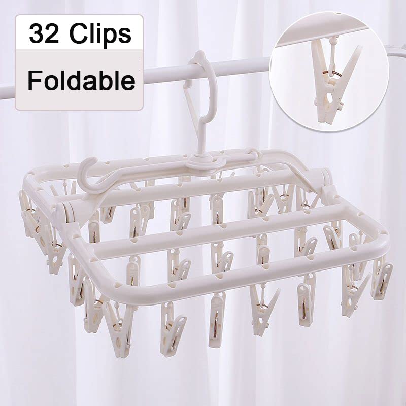 Foshine Foldable Clothes Drying Rack with 32 Drying Clips Wind-Proof Hook - color: White