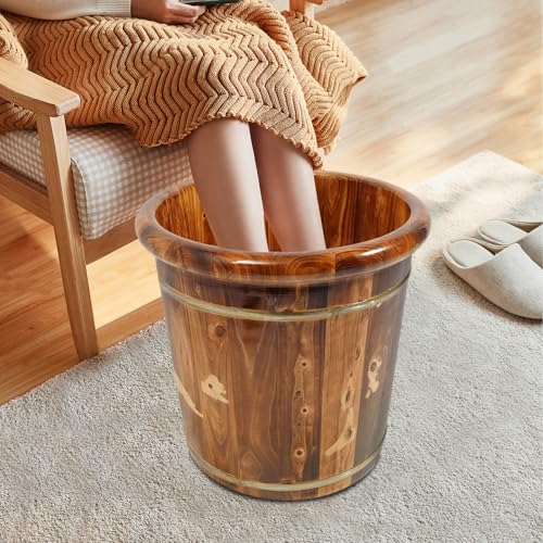 Wooden Foot Bath Bucket Foot Soaking Bath Basin with Lid Wood Footbath Barrel with Massage Beads Plate Pedicure Barrel for Spa, Massage, Sauna 15.75 * 15.75in (Brown) - color: Brown