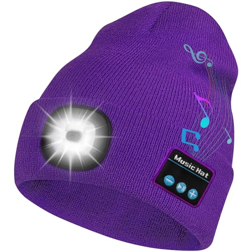 Bosttor Bluetooth Beanie Hat with Light, Headlamp Cap with Headphones and Built-in Speaker Mic, Gifts for Men Women Teen - color: Purple